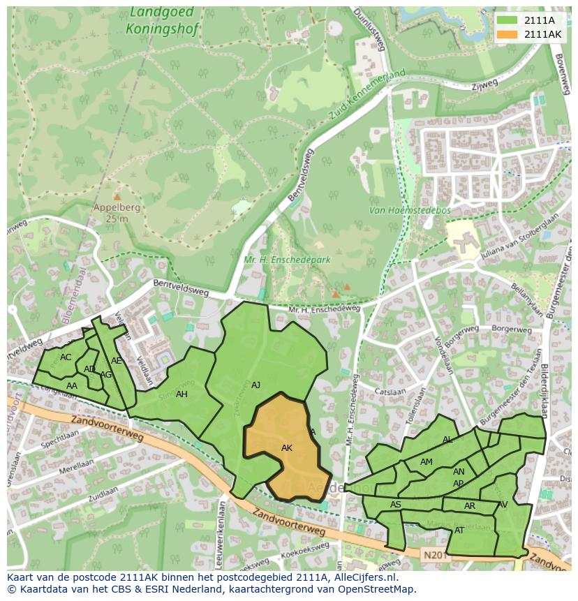 Afbeelding van het postcodegebied 2111 AK op de kaart.