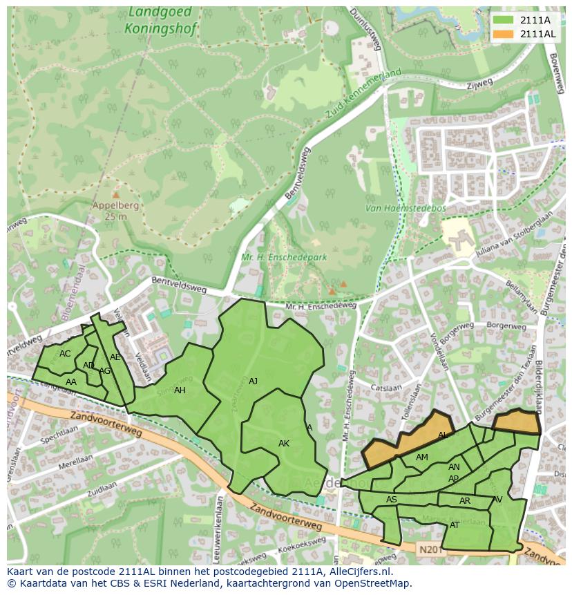 Afbeelding van het postcodegebied 2111 AL op de kaart.