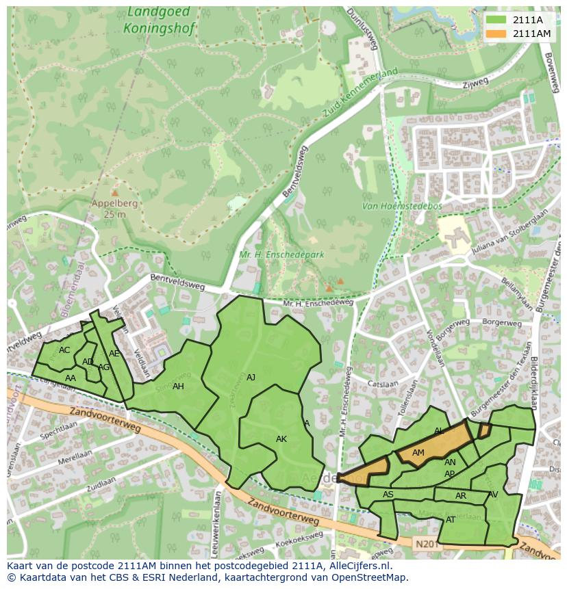 Afbeelding van het postcodegebied 2111 AM op de kaart.