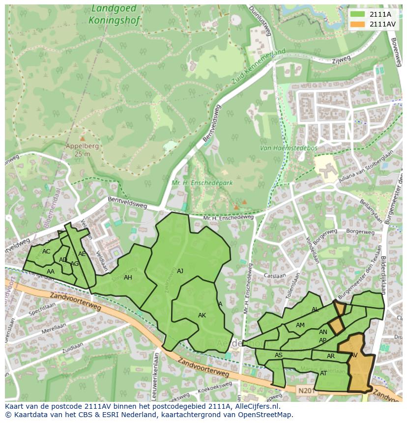 Afbeelding van het postcodegebied 2111 AV op de kaart.