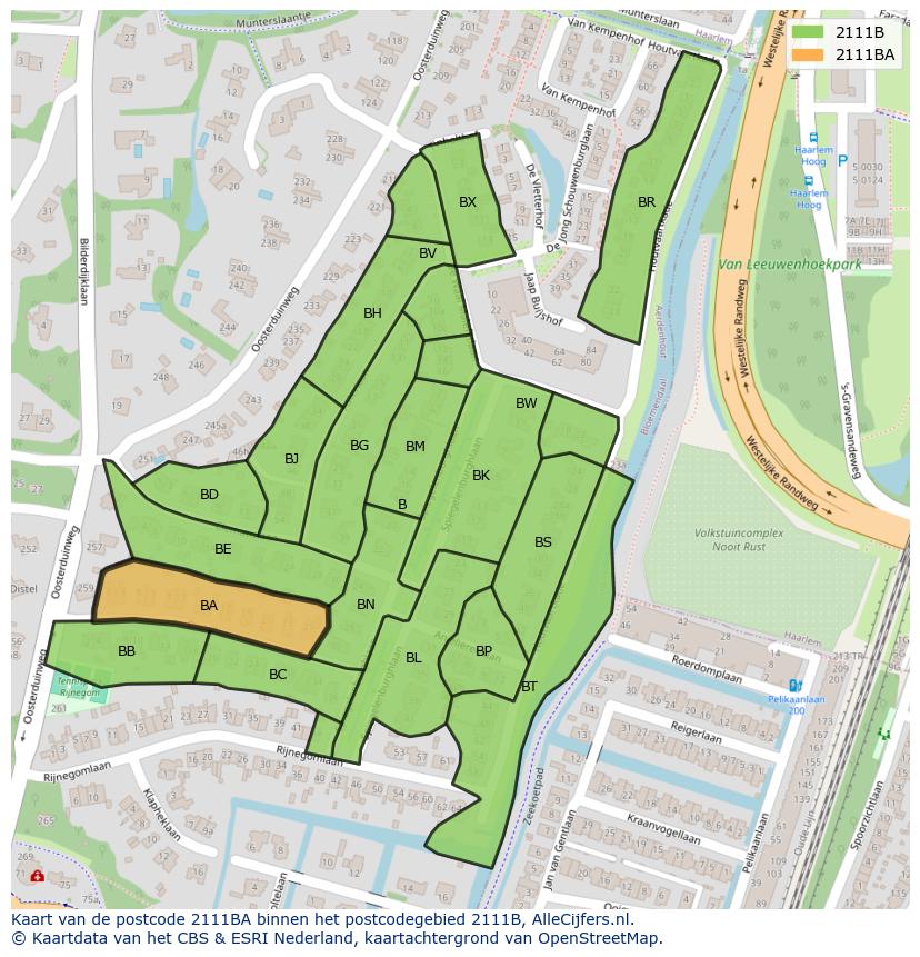 Afbeelding van het postcodegebied 2111 BA op de kaart.