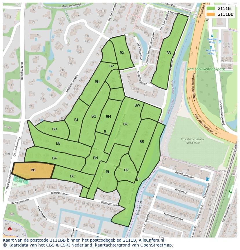 Afbeelding van het postcodegebied 2111 BB op de kaart.