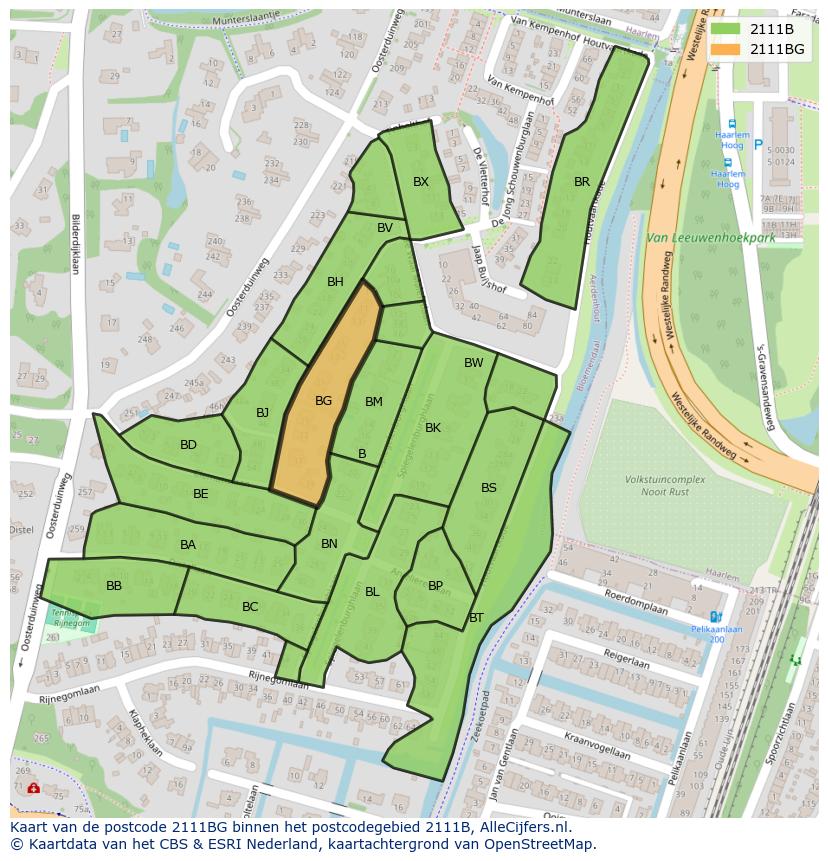 Afbeelding van het postcodegebied 2111 BG op de kaart.