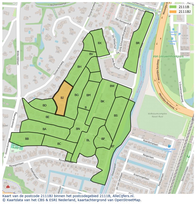 Afbeelding van het postcodegebied 2111 BJ op de kaart.