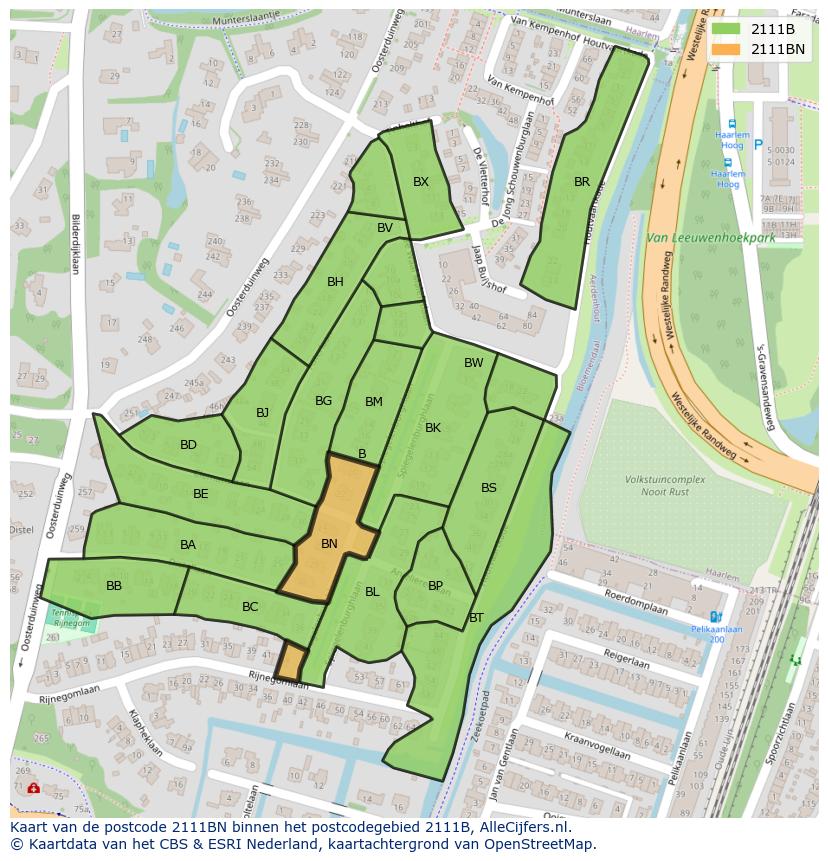Afbeelding van het postcodegebied 2111 BN op de kaart.