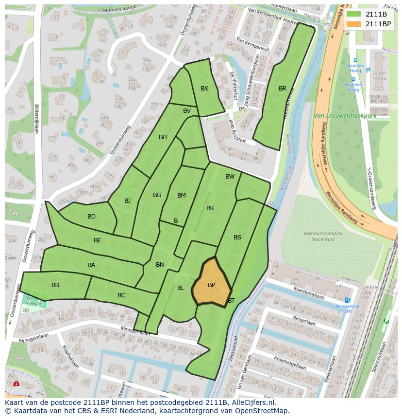 Afbeelding van het postcodegebied 2111 BP op de kaart.