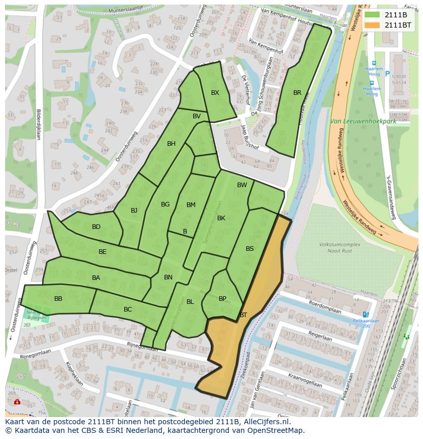 Afbeelding van het postcodegebied 2111 BT op de kaart.