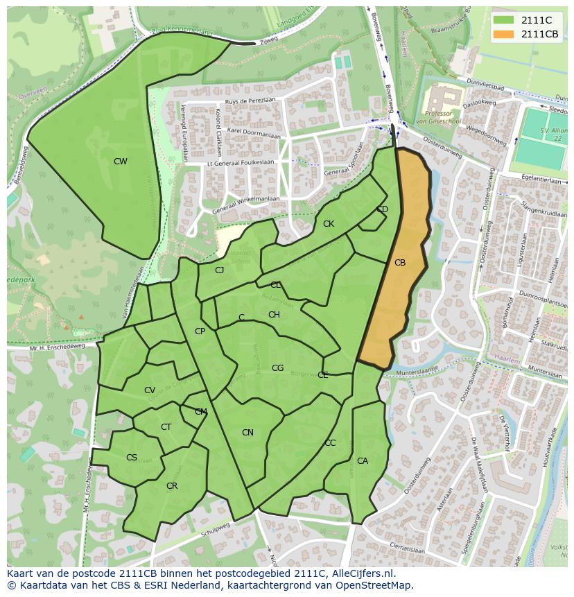 Afbeelding van het postcodegebied 2111 CB op de kaart.