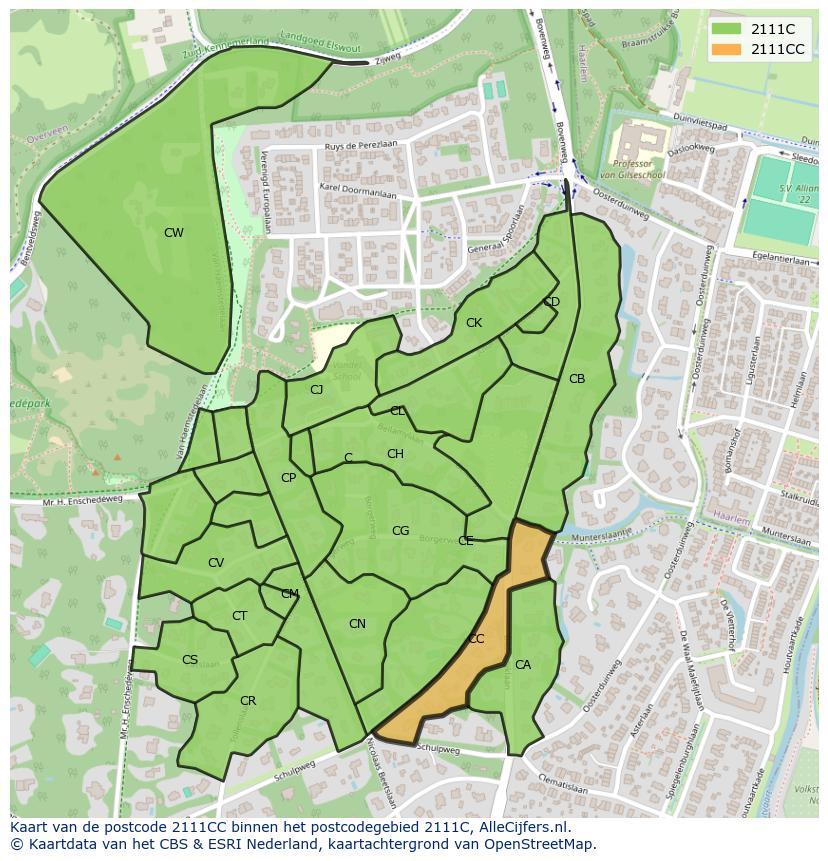 Afbeelding van het postcodegebied 2111 CC op de kaart.