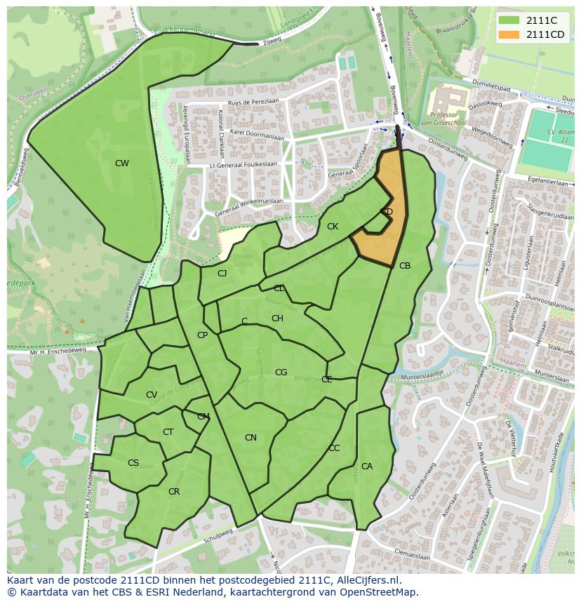Afbeelding van het postcodegebied 2111 CD op de kaart.