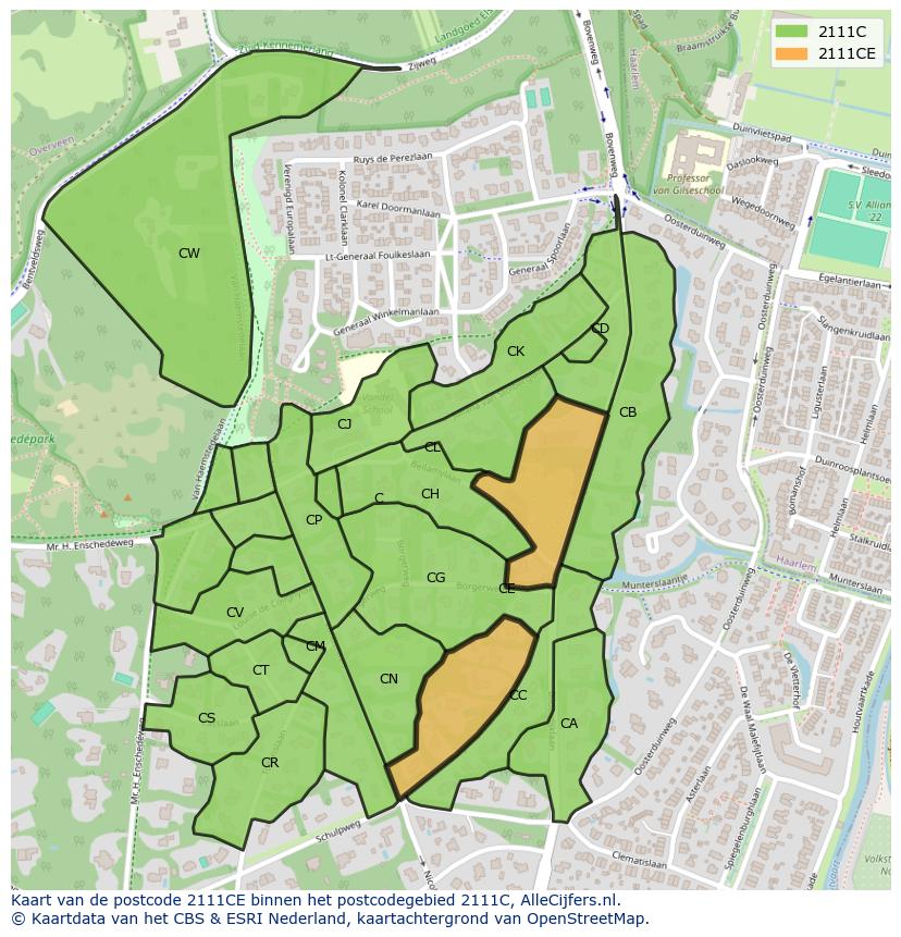 Afbeelding van het postcodegebied 2111 CE op de kaart.