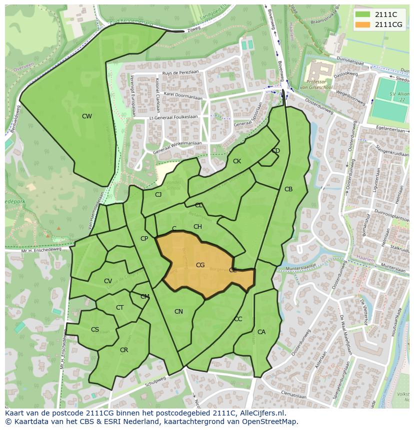 Afbeelding van het postcodegebied 2111 CG op de kaart.