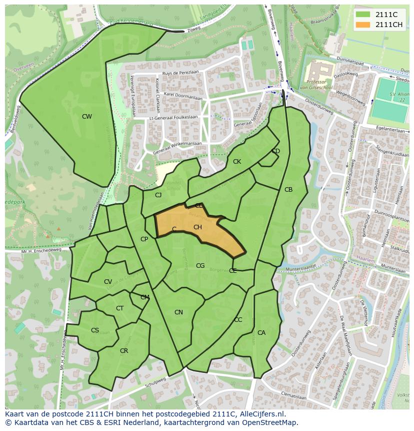 Afbeelding van het postcodegebied 2111 CH op de kaart.