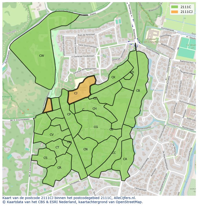 Afbeelding van het postcodegebied 2111 CJ op de kaart.