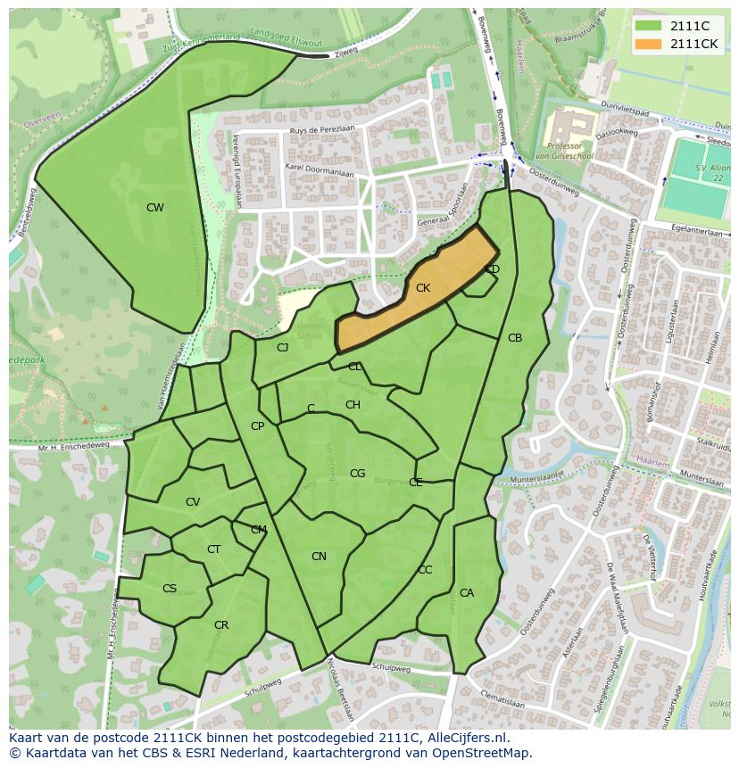 Afbeelding van het postcodegebied 2111 CK op de kaart.