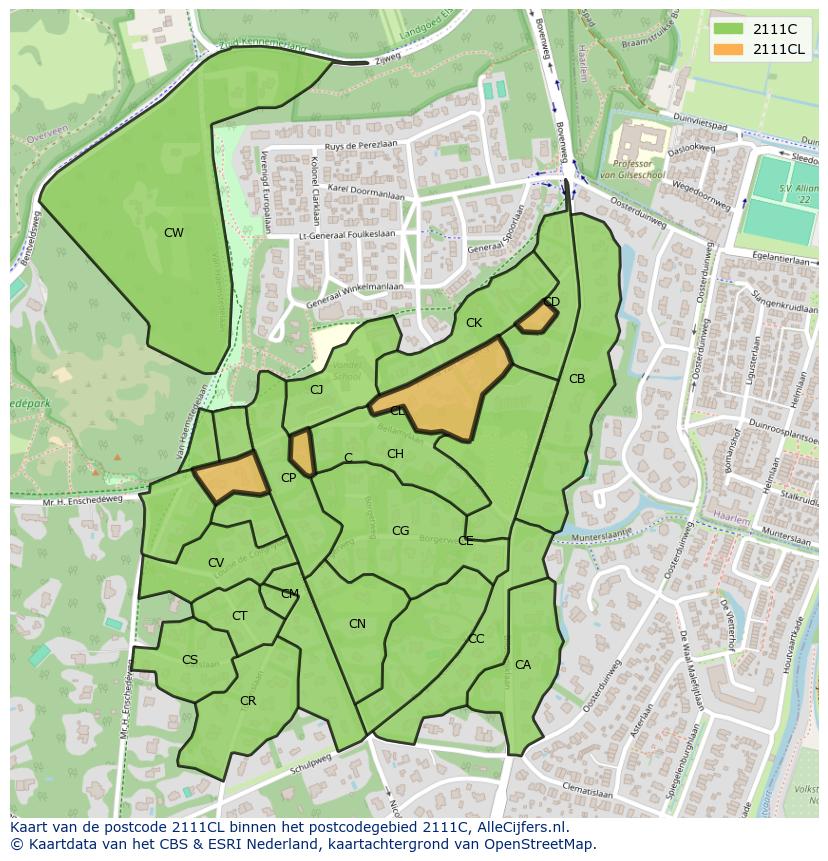 Afbeelding van het postcodegebied 2111 CL op de kaart.