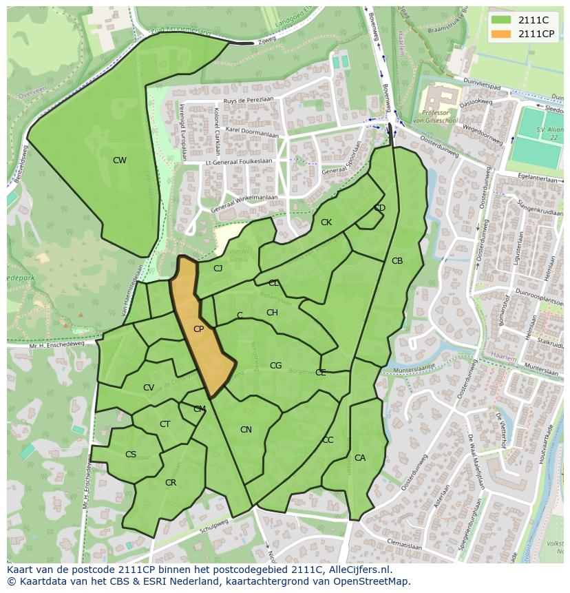 Afbeelding van het postcodegebied 2111 CP op de kaart.