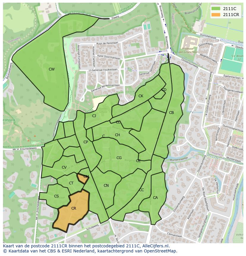 Afbeelding van het postcodegebied 2111 CR op de kaart.