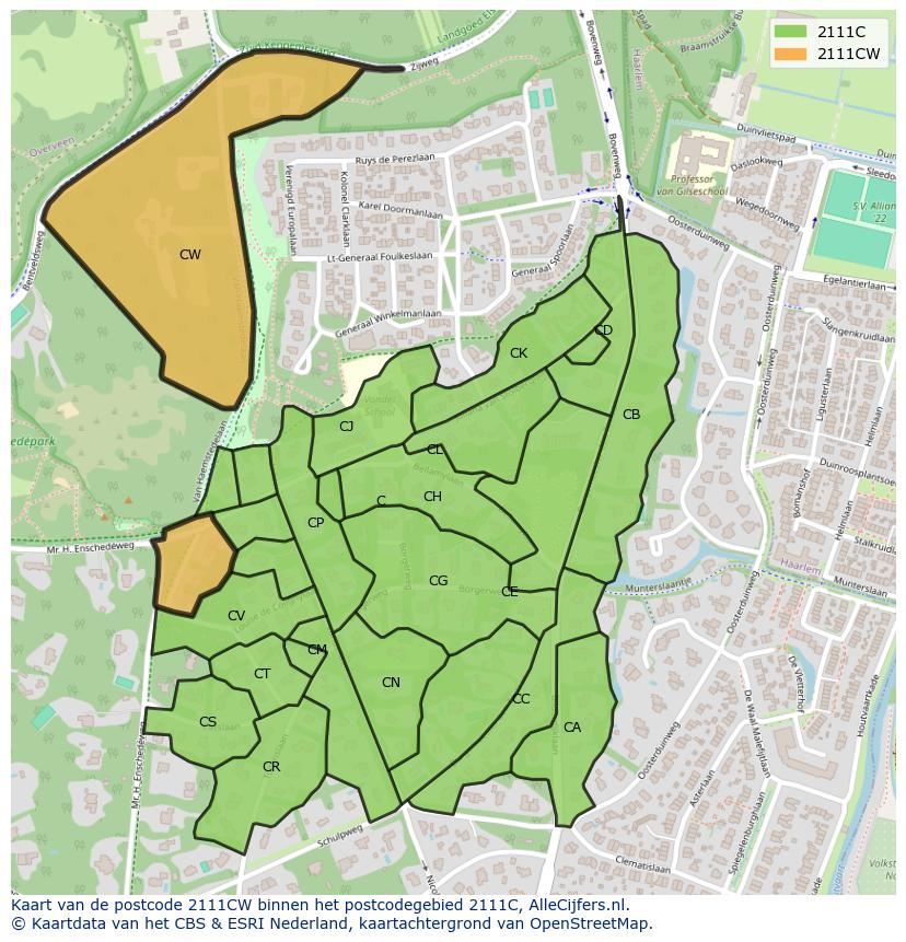 Afbeelding van het postcodegebied 2111 CW op de kaart.
