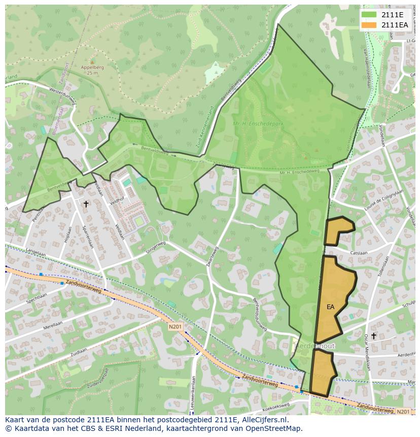 Afbeelding van het postcodegebied 2111 EA op de kaart.