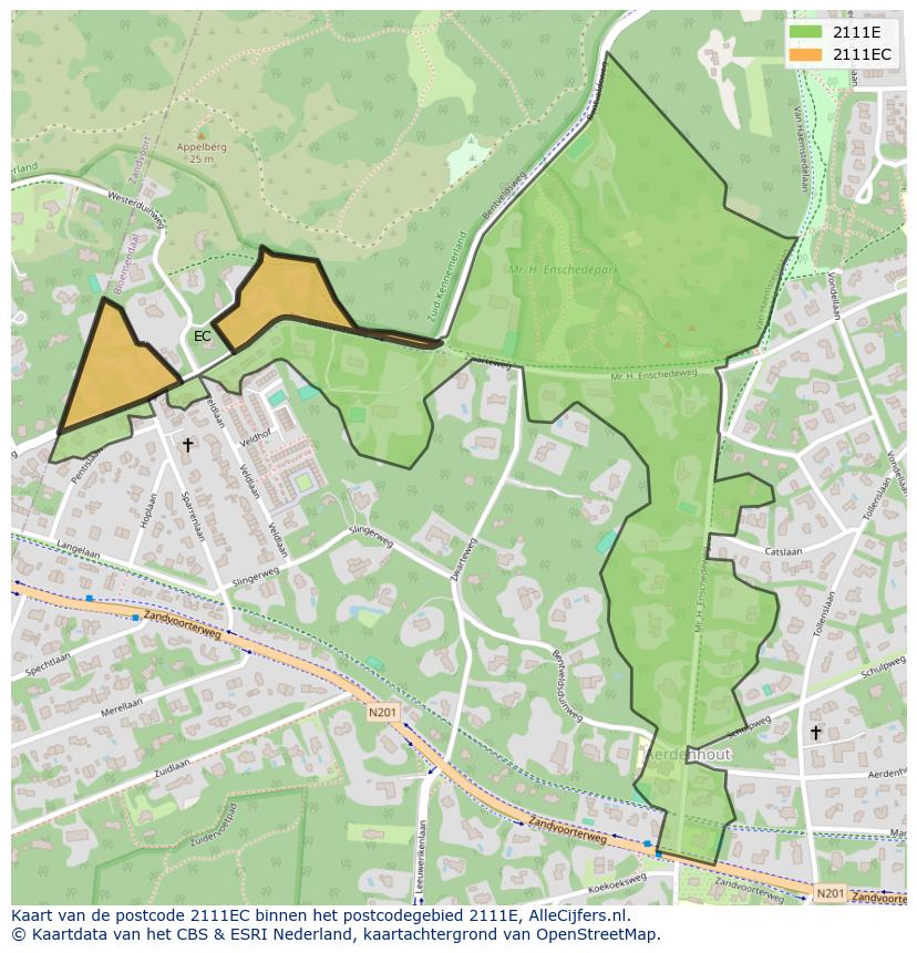 Afbeelding van het postcodegebied 2111 EC op de kaart.