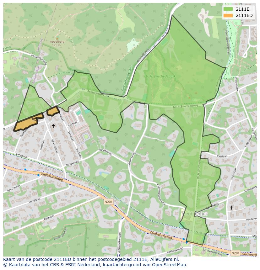 Afbeelding van het postcodegebied 2111 ED op de kaart.
