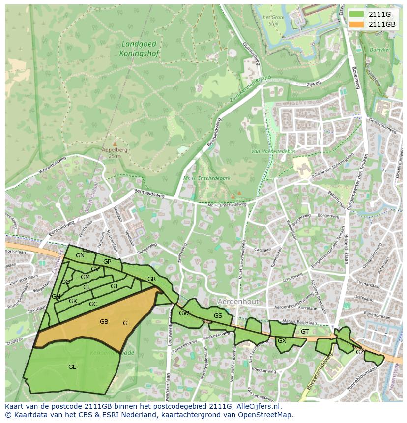 Afbeelding van het postcodegebied 2111 GB op de kaart.