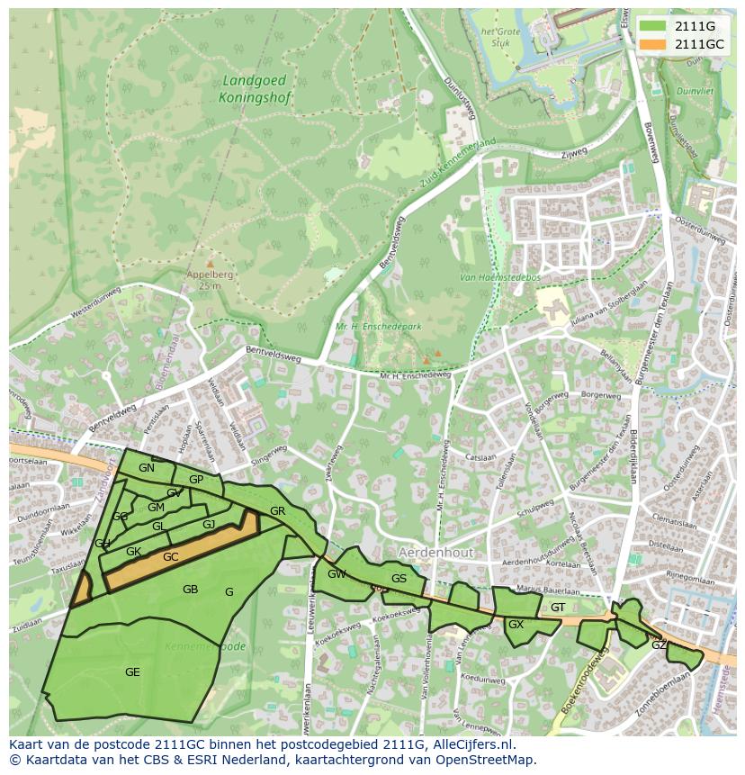 Afbeelding van het postcodegebied 2111 GC op de kaart.