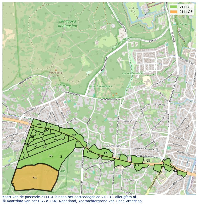 Afbeelding van het postcodegebied 2111 GE op de kaart.