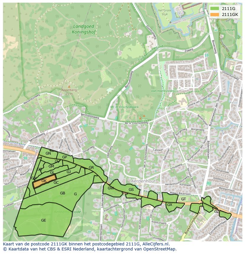Afbeelding van het postcodegebied 2111 GK op de kaart.