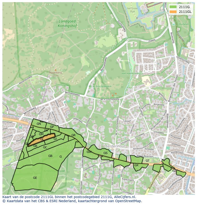 Afbeelding van het postcodegebied 2111 GL op de kaart.