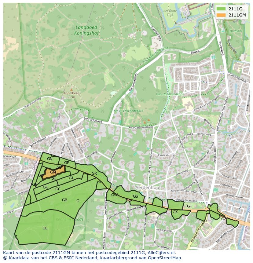 Afbeelding van het postcodegebied 2111 GM op de kaart.