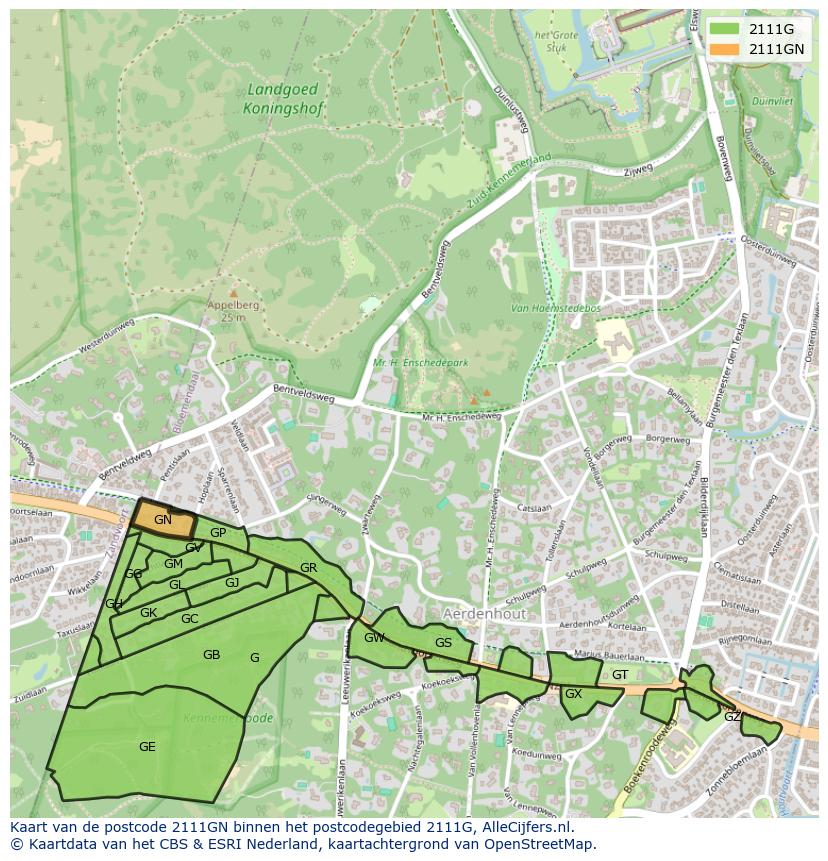 Afbeelding van het postcodegebied 2111 GN op de kaart.