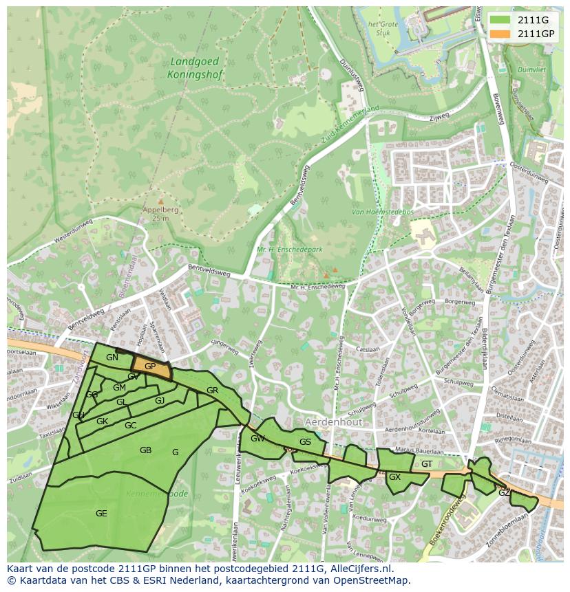 Afbeelding van het postcodegebied 2111 GP op de kaart.