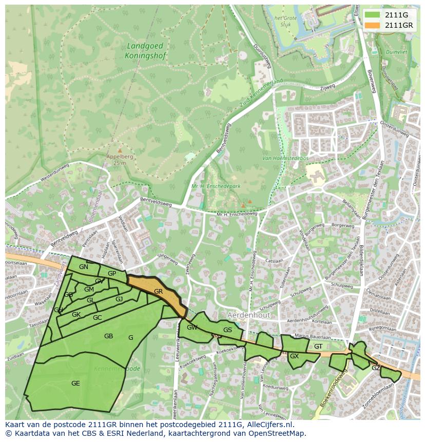 Afbeelding van het postcodegebied 2111 GR op de kaart.