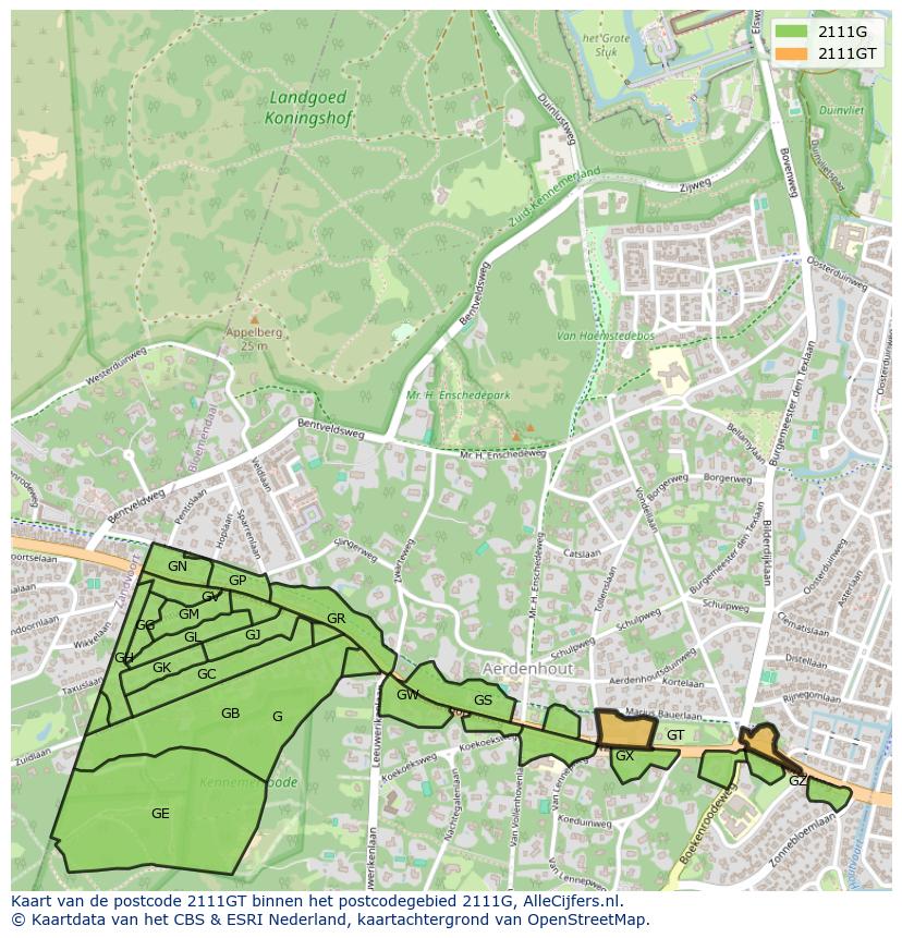 Afbeelding van het postcodegebied 2111 GT op de kaart.