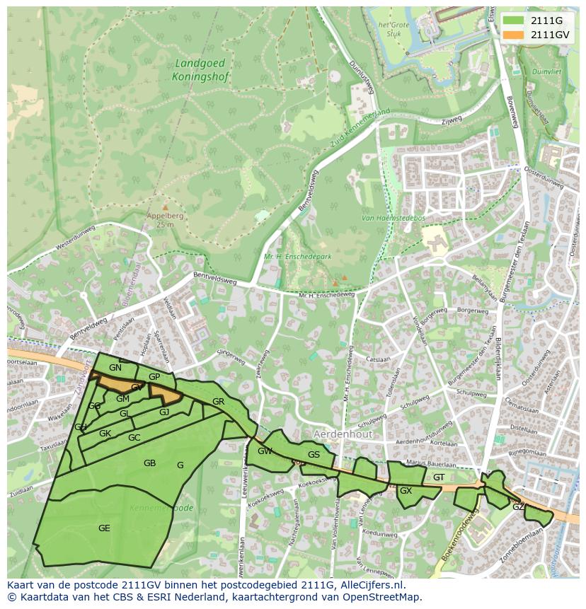 Afbeelding van het postcodegebied 2111 GV op de kaart.