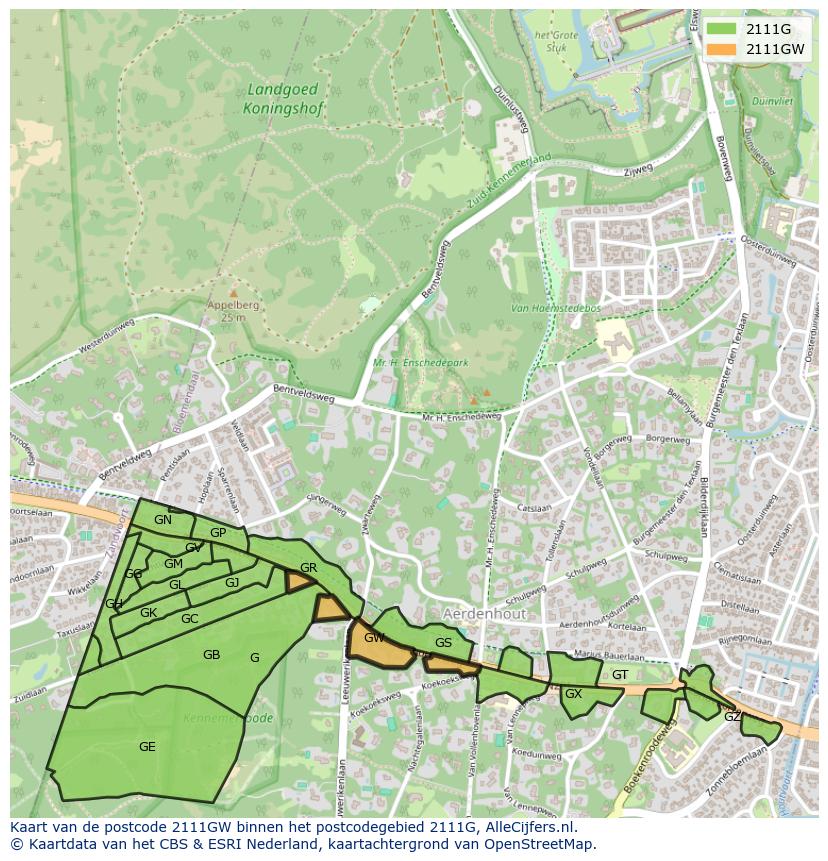 Afbeelding van het postcodegebied 2111 GW op de kaart.