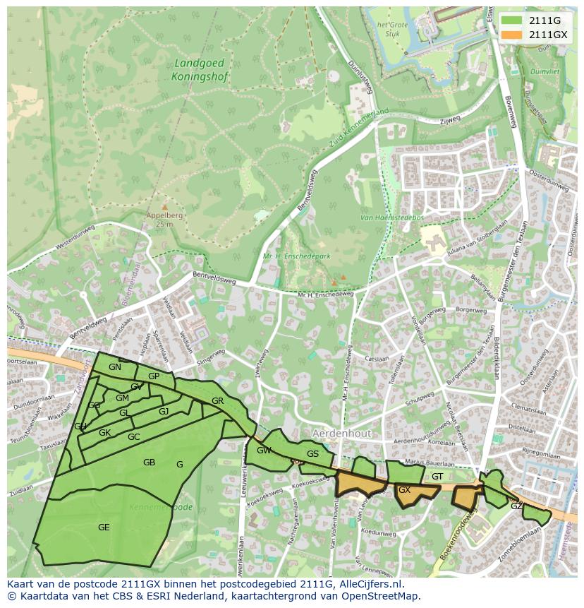 Afbeelding van het postcodegebied 2111 GX op de kaart.
