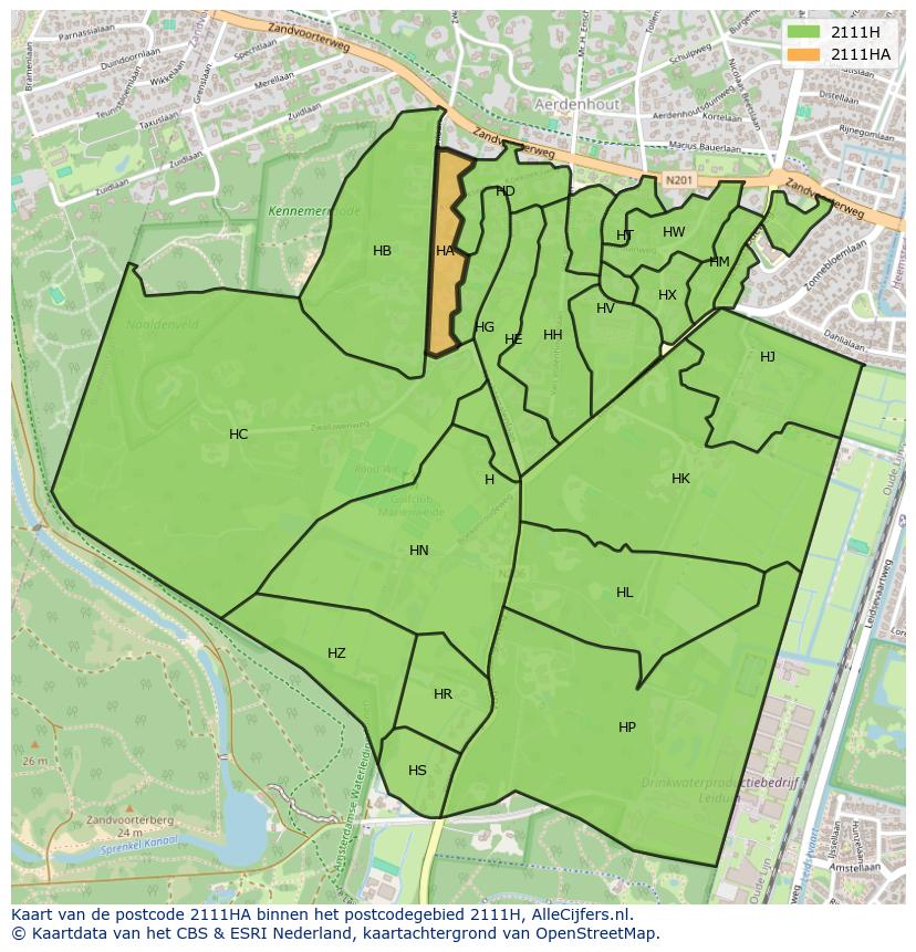 Afbeelding van het postcodegebied 2111 HA op de kaart.