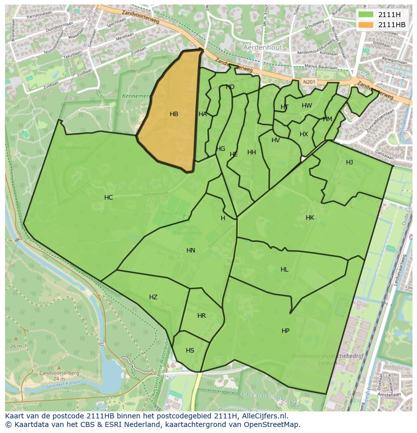 Afbeelding van het postcodegebied 2111 HB op de kaart.