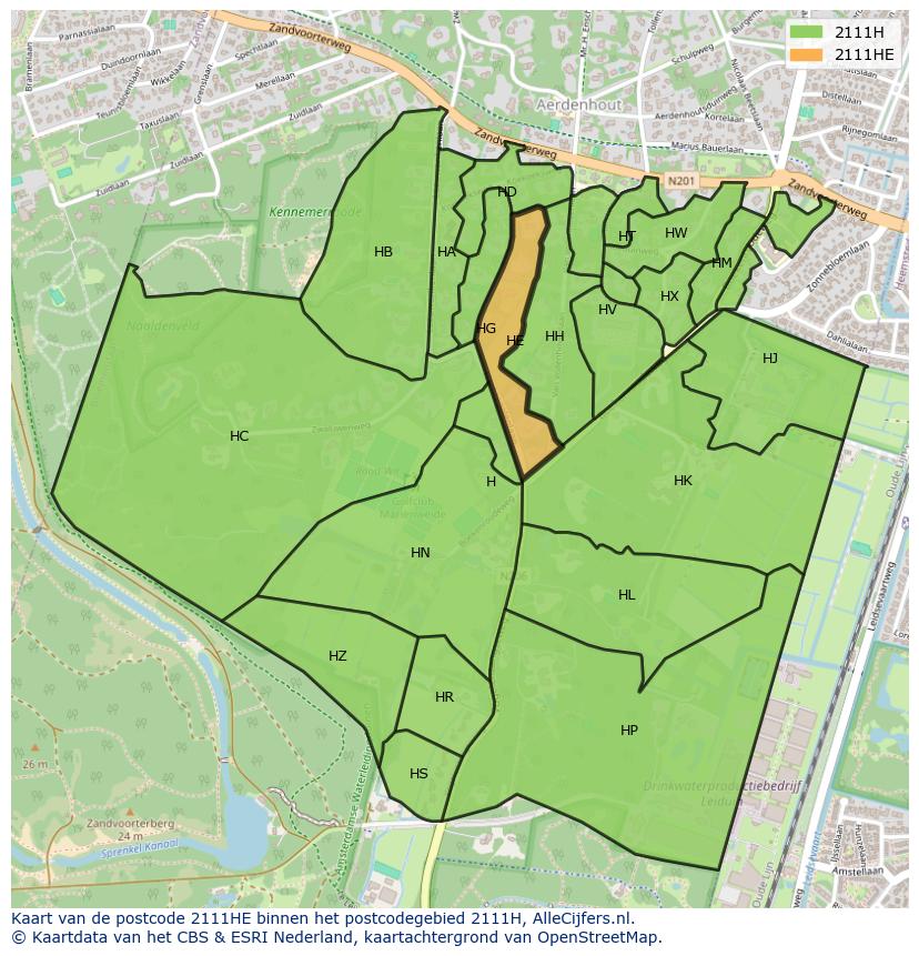 Afbeelding van het postcodegebied 2111 HE op de kaart.