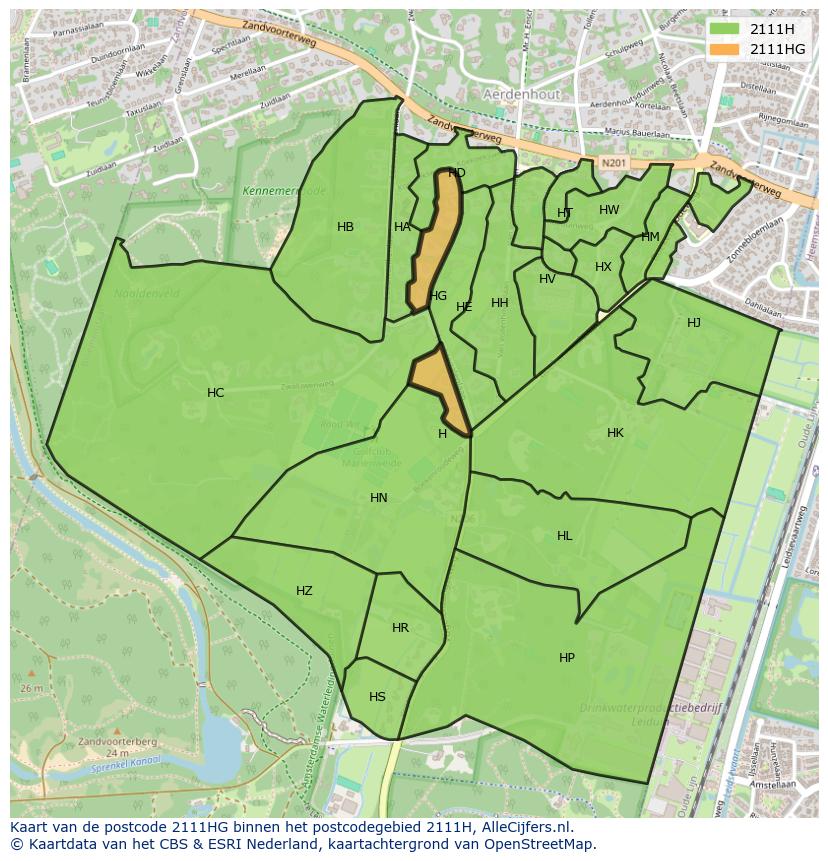 Afbeelding van het postcodegebied 2111 HG op de kaart.
