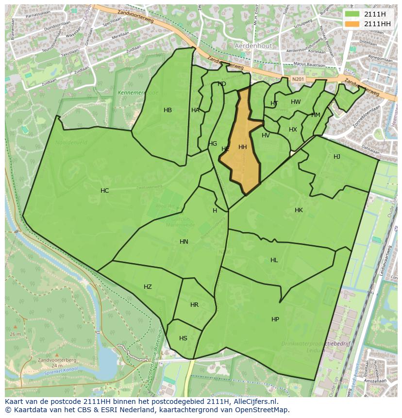 Afbeelding van het postcodegebied 2111 HH op de kaart.