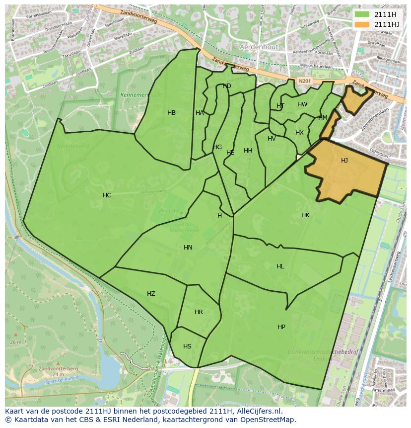 Afbeelding van het postcodegebied 2111 HJ op de kaart.