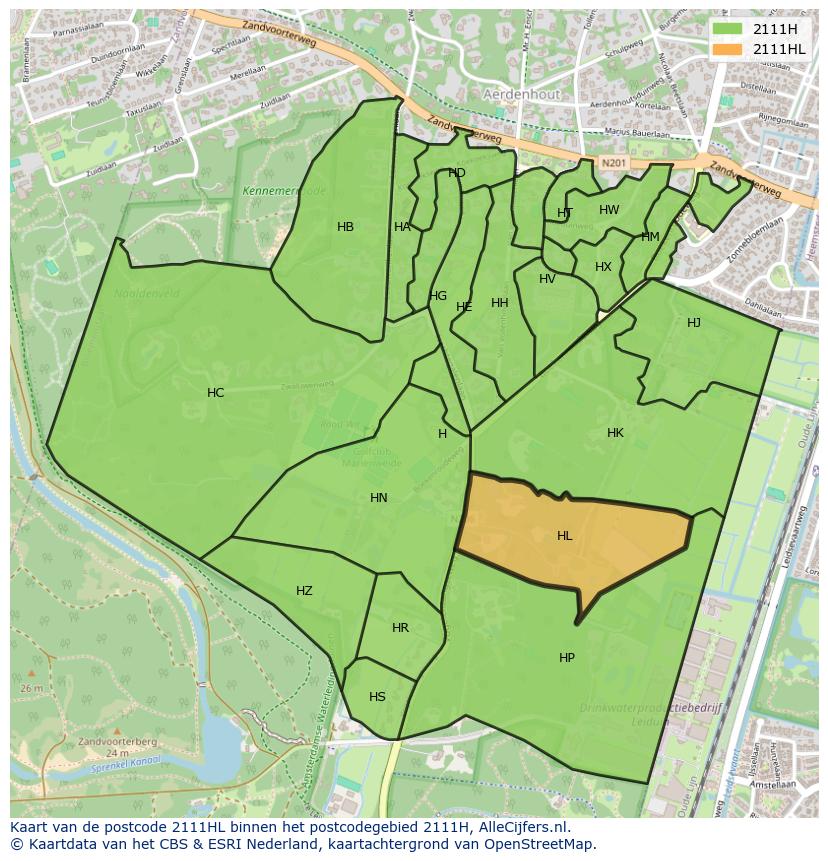 Afbeelding van het postcodegebied 2111 HL op de kaart.