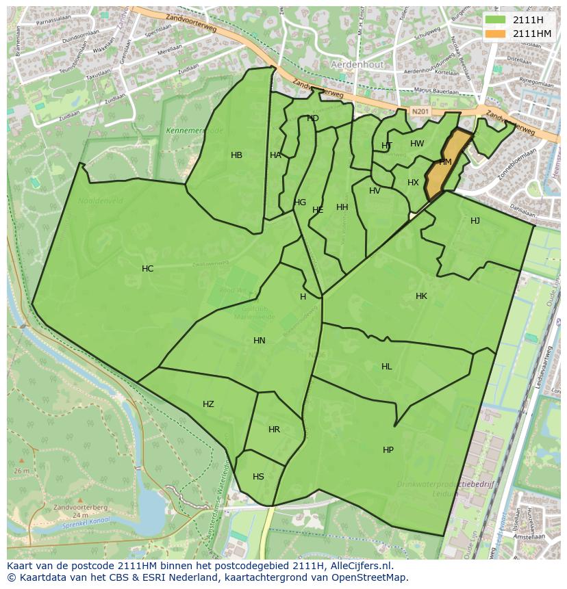 Afbeelding van het postcodegebied 2111 HM op de kaart.