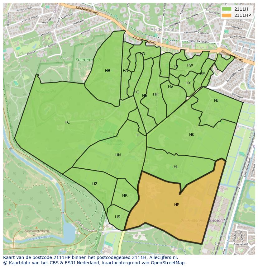 Afbeelding van het postcodegebied 2111 HP op de kaart.