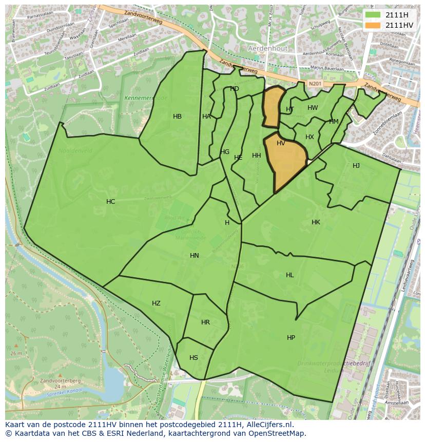 Afbeelding van het postcodegebied 2111 HV op de kaart.