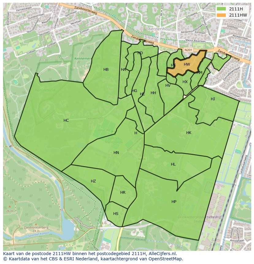 Afbeelding van het postcodegebied 2111 HW op de kaart.